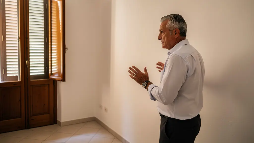 Agente immobiliare italiano ispeziona le condizioni di un appartamento durante sopralluogo