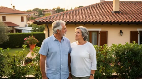 Coppia italiana osserva pensierosa la facciata della propria casa dal giardino