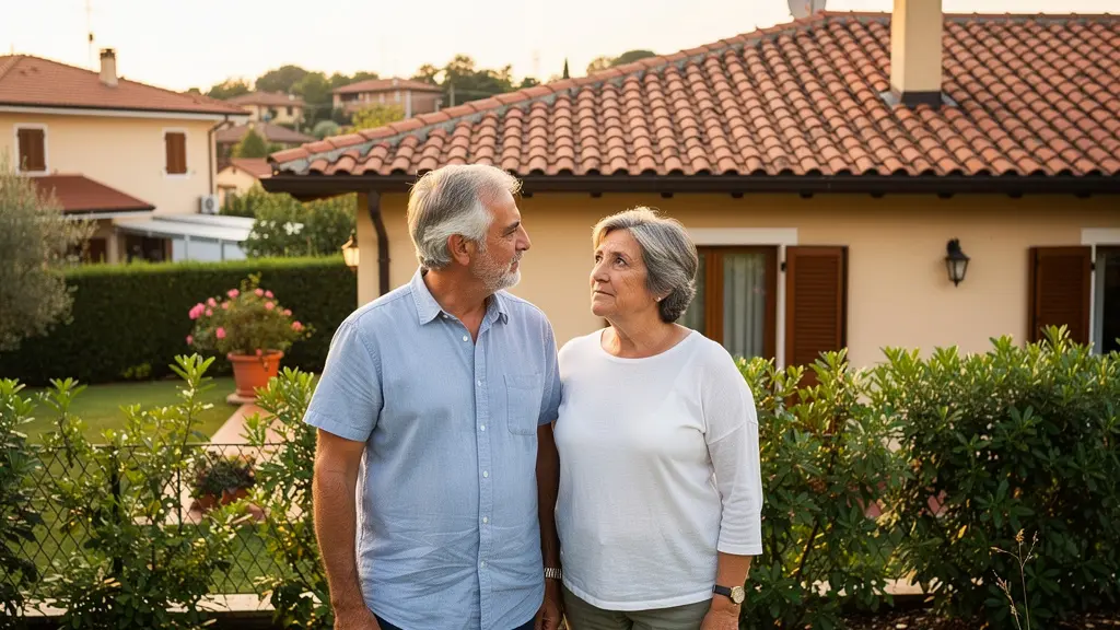 Coppia italiana osserva pensierosa la facciata della propria casa dal giardino