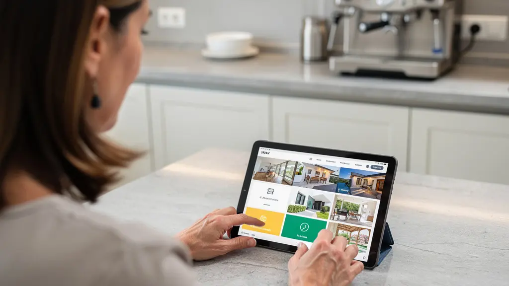 Donna italiana consulta tablet con interfaccia di valutazione immobiliare in cucina