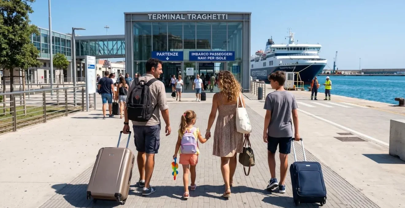 Una famiglia italiana di quattro persone vista di spalle cammina con valigie e zaini verso il terminal traghetti in un porto moderno sotto la luce del sole mattutino