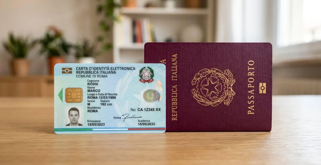 Primo piano ravvicinato di una carta d'identità elettronica italiana e di un passaporto italiano affiancati su una superficie pulita con luce naturale laterale