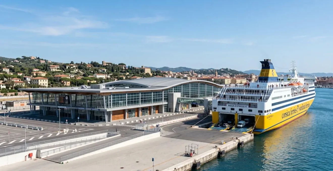 Veduta ampia di un porto moderno con un grande traghetto Mega Express ormeggiato al terminal, luce naturale abbondante e cielo azzurro, prospettiva architettonica senza persone in primo piano